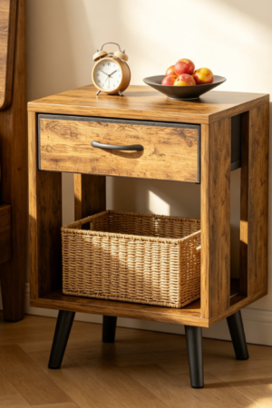 Set of 2 Rustic Bedside Tables with Fabric Drawers and Open Shelves